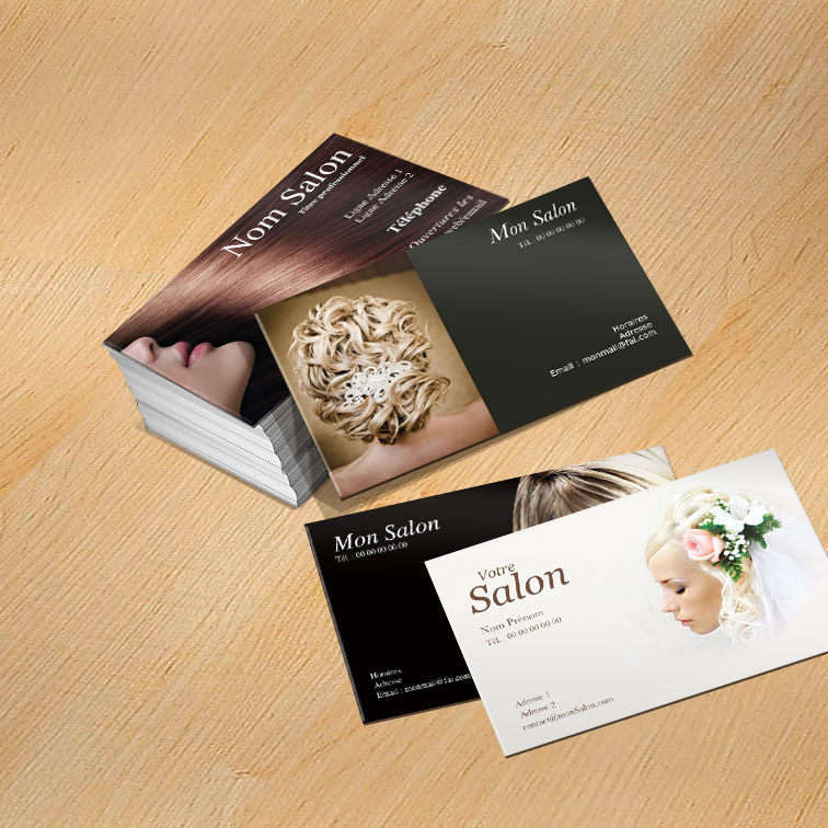 modèle libre et gratuit de carte de visite coiffure femme en ligne, convient pour un salon coiffure ou coiffure à domicile avec slogan à personnaliser, modèle pour métier de l'esthétique et pour institut de beauté
